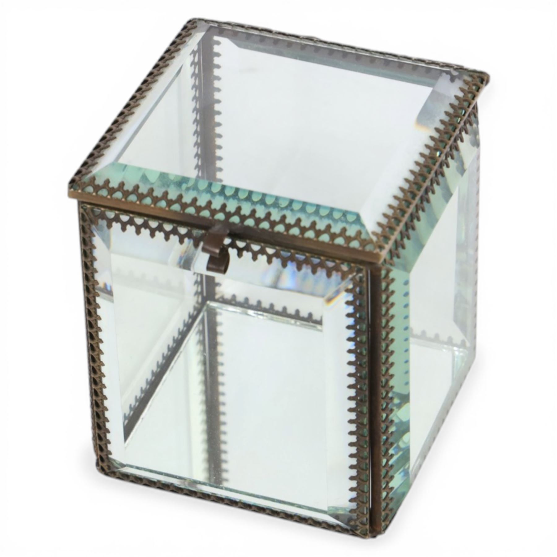 20th century French brass and  bevelled glass jewellery box, H12cm