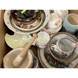 Quantity of assorted ceramics, to include various tea wares, butter dishes and covers, ginger jar and cover, vases, etc., in two boxes 