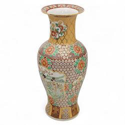 Floor vase, of baluster form with fluted rum, the central panel with figures in a landscape, within a geometric design, H95cm+ 