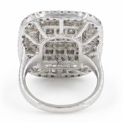White gold diamond cluster ring, pave set with princess cut, baguette cut and round brilliant cut diamonds, hallmarked 9ct, total diamond weight 3.40 carat