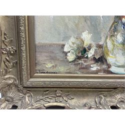 Owen Bowen (Staithes Group 1873-1967): Still Life of a Spring Bouquet, oil on canvas signed, part Royal Institute of Oil Painters label and James Bourlet label verso, 47.5cm x 37.5cm 