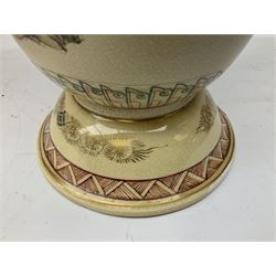 Pair early 20th Century Japanese floor vases of ovoid form, painted with warriors and elders within geometric designs and gilding, H61cm