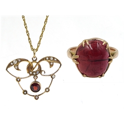 9ct gold garnet and seed pearl pendant hallmarked, on 9ct gold chain and a rose gold cabochon garnet ring, stamped 9ct