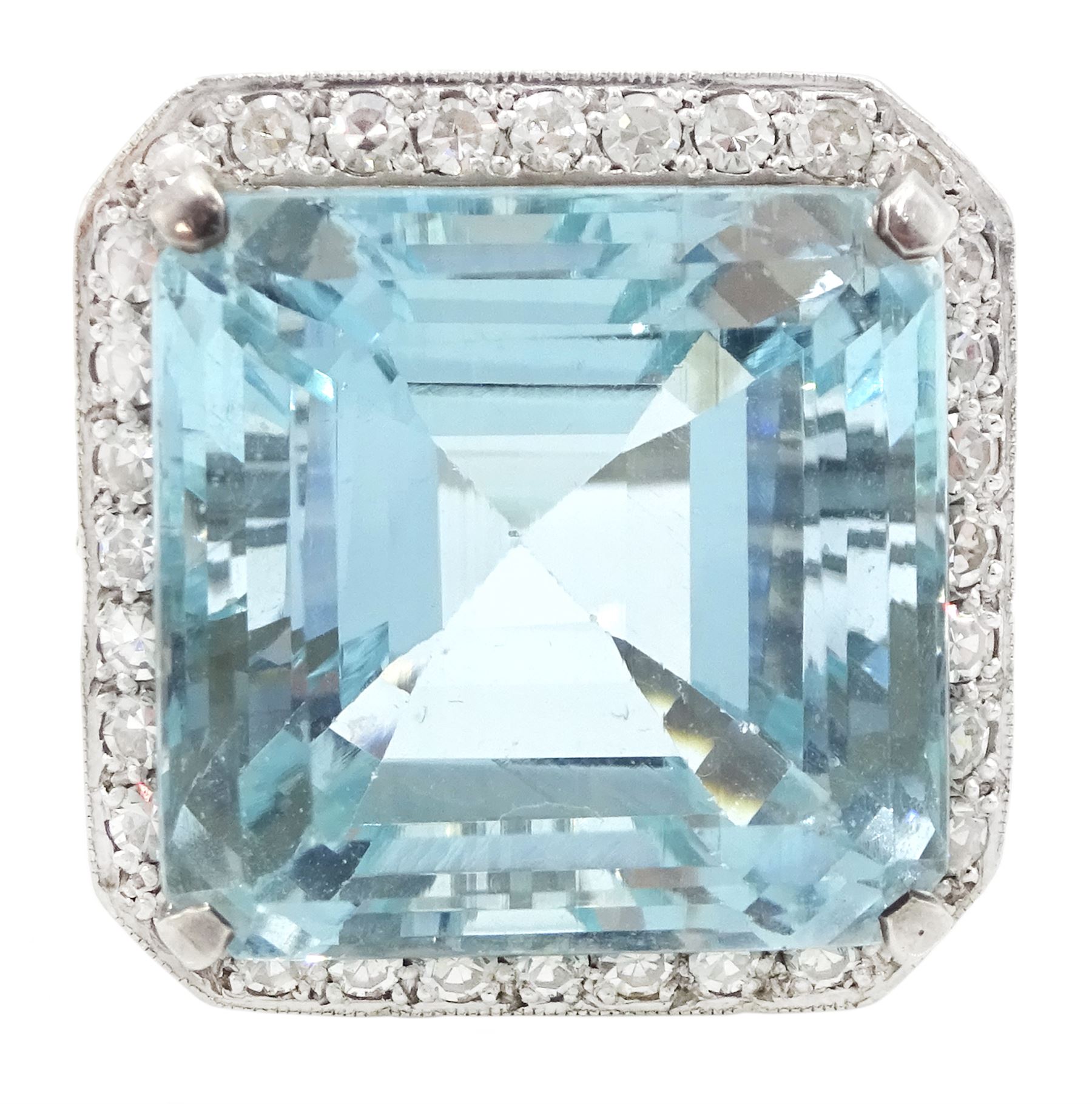 White gold square cut aquamarine and single cut diamond cluster ring, with fancy openwork gallery, aquamarine approx 26.45 carat, total diamond weight approx 0.75 carat