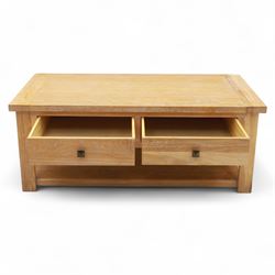 Bevan Funnell - Reprodux Arts & Crafts design limed oak coffee table, rectangular top with inset border over twin drawers fitted with pyramid-shaped metal handles, on square supports with lower plinth base