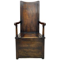 18th century elm box-seat lambing chair, dished cresting rail over panelled back, panelled hinged lid flanked by two turned arm supports