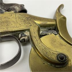 19th Century percussion eprouvette or gunpowder tester, with foliate engraved brass box lock and calibrated ratcheted wheel, steel trigger guard and walnut bag butt, L14cm