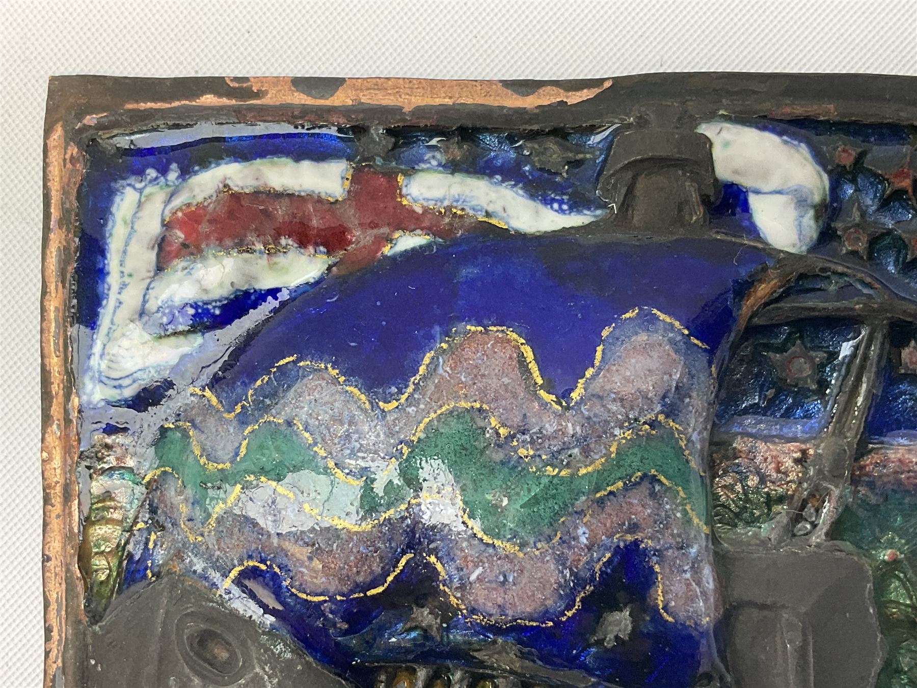 Henry George Murphy (1884-1939), large Arts & Crafts enamel panel, of square form decorated with a stylised ship, upon a green and blue ground, H7cm W7cm  