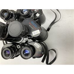 Eleven cased pairs of binoculars, to include Omiya 8x30, Tasco, Esde-Optik 8x40 Weitwinkel, Chinon 10x50 Field. Aico Rapide 8x30, Astralite zoom 6x- 14x32, etc