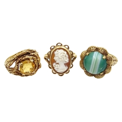  9ct gold citrine ring, green agate ring and cameo ring all hallmarked  
