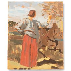 Barry De More (Yorkshire 1948-2023) after Augustus Edwin John (British 1878-1961): 'Dorelia in a Red Skirt', oil on board signed and inscribed verso 29cm x 23cm
Notes: Acclaimed as one of the North's greatest expressionist artists, Barry De More (1948-2023) used a heavy impasto style to transfer his love of Yorkshire landscapes, townscapes and people to canvas. His work sits comfortably in the company of work by Kossoff and Auerbach, selling to collectors in the UK and overseas. De More's work can be found in the permanent collection of work by Northern Artists at Dean Clough, one of the UK's largest contemporary art galleries.