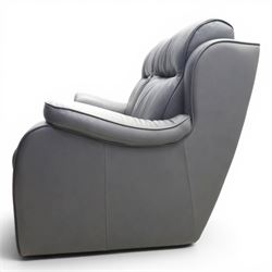 Parker Knoll - 'Boston' grey leather two seater sofa, with zip in cushions and shaped arms, raised on dark feet