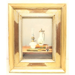 Jolley (20th century): Still Life with Jug and Lamp, oil on copper indistinctly signed, indistinctly inscribed verso 17cm x 12cm