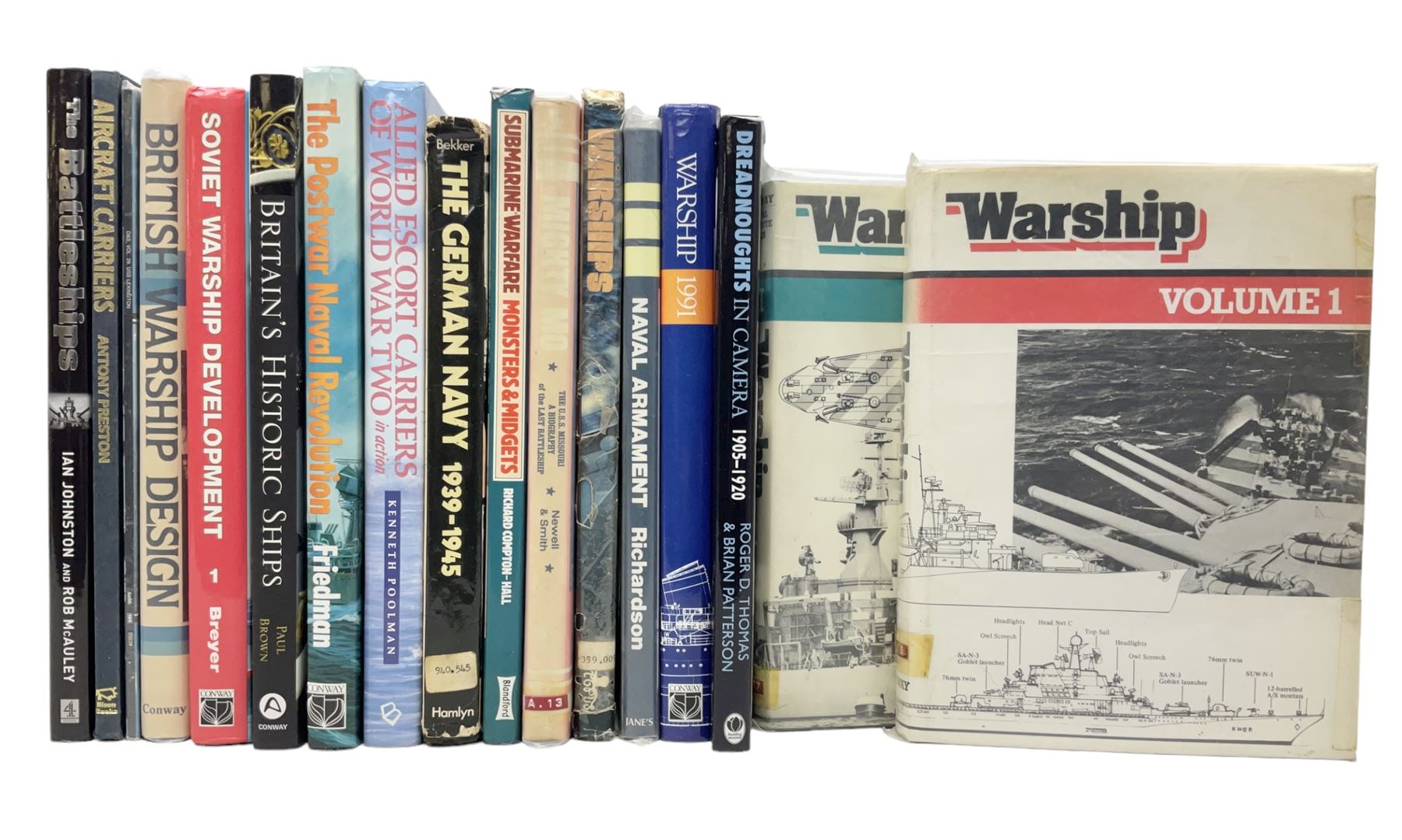 Seventeen books of maritime and naval interest including warship design and development, German Navy WW2, battleships, aircraft carriers etc
