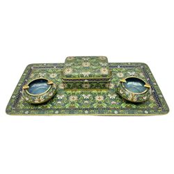 20th century Chinese cloisonne enamel smoking set, comprising two ashtrays, box and tray, with floral and foliate scrolling on green ground
