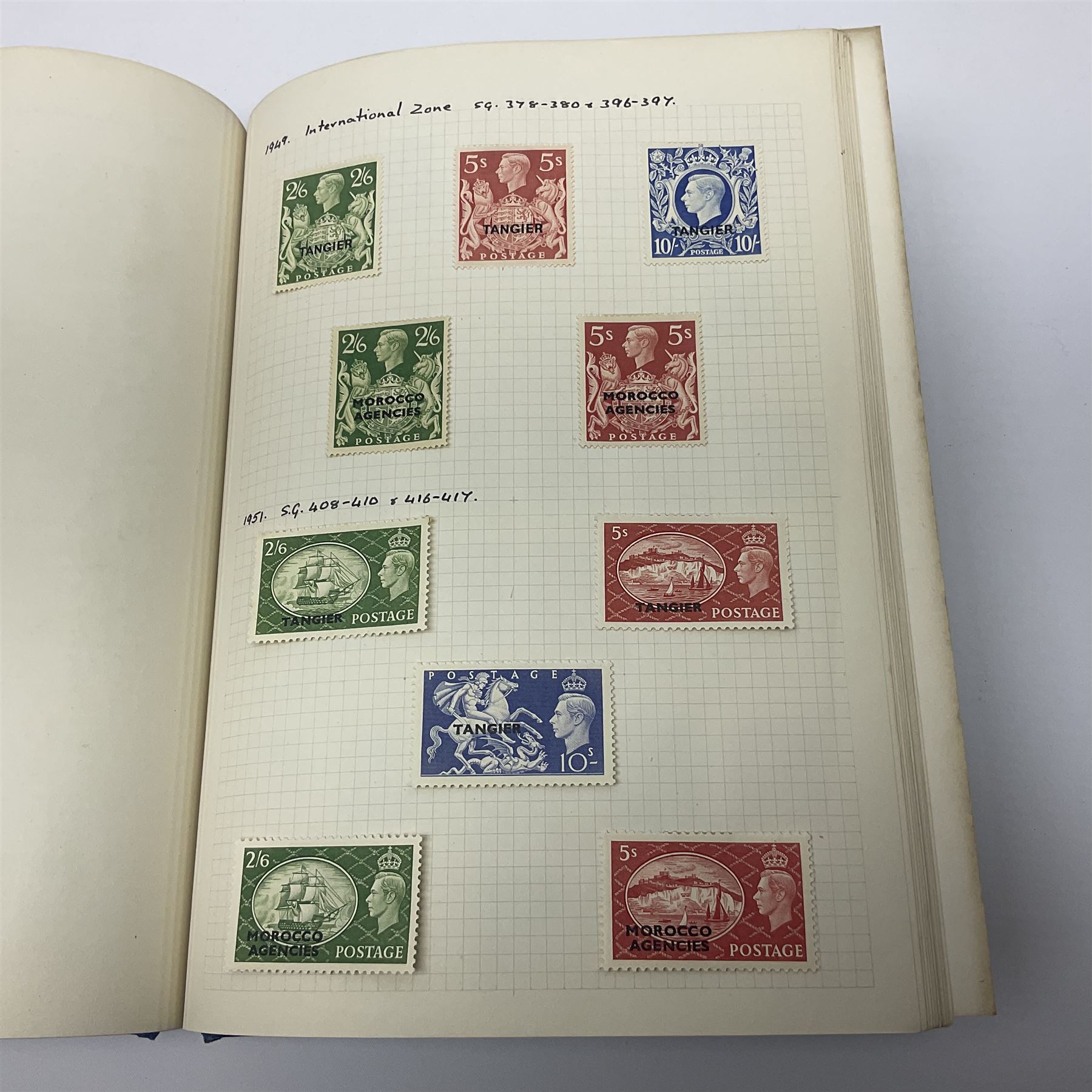 Queen Victoria and later Morocco Agencies and Tangier overprint stamps, including 1898 Morocco Agencies overprint on Gibraltar, some mint pairs, King Edward VII 1907-12 Morocco Agencies overprints with surcharge on two shillings and sixpence, five shillings and ten shillings, King George VI 1917-26 Morocco Agencies overprints on seahorses with half crown, five shillings and ten shilling values, Spanish French and International zones represented etc, housed in single blue album