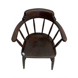 19th century beech Windsor armchair (W60cm), and a late 19th century elm desk chair (W59cm)