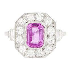 Platinum pink sapphire and diamond milgrain set cluster ring, single octagonal cut sapphir...