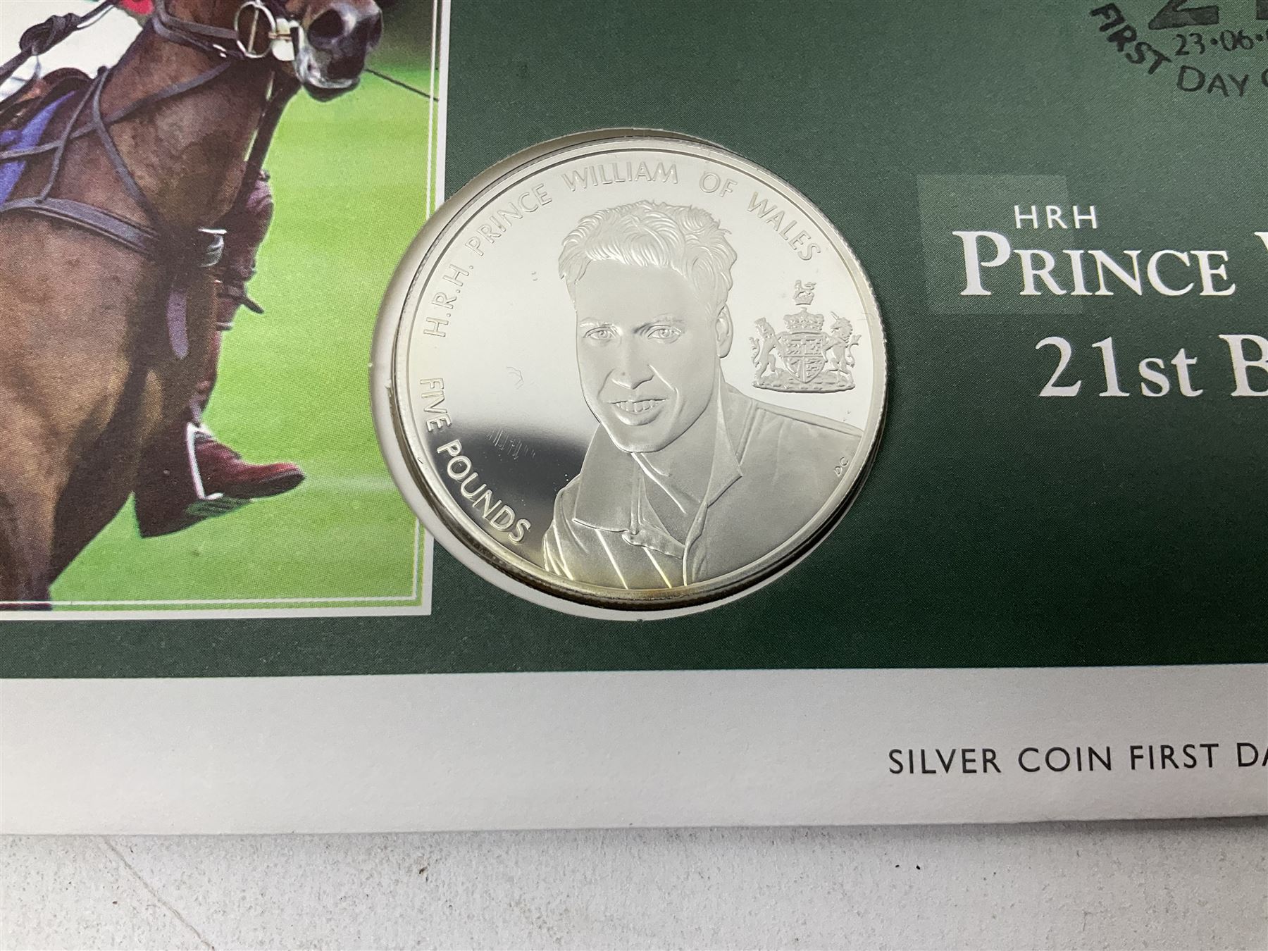 Eight coin covers including, 'Her Majesty Queen Elizabeth II 70th Birthday' containing a 1996 Canadian one ounce silver coin, three coin covers commemorating the 21st Birthday of HRH Prince William each containing a silver coin, '1895 1952 A Tribute to HM King George VI' containing a South Africa 1952 five shilling coin, 'The Notting Hill Carnival' containing a 1998 fifty pence etc (8)