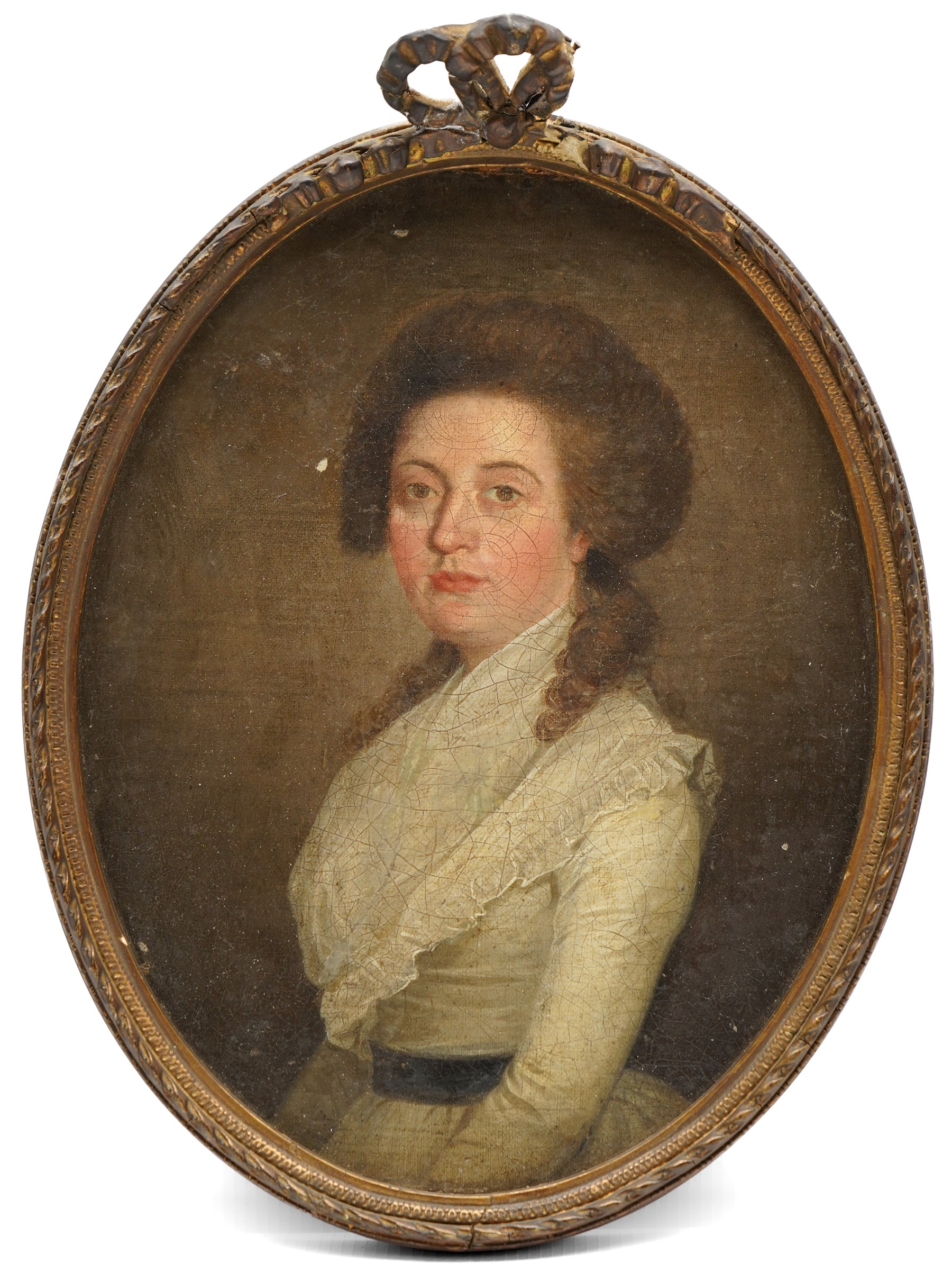 English School (late 18th/early 19th century): Two Portraits of Georgian Young Ladies, pair of oils on canvas laid on to board unsigned, in matching oval frames 24cm x 19cm (2)