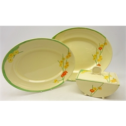  Wilkinson Limited Biarritz shaped tureen and cover in the 'Honey Bloom' pattern together with the matching graduated pair of oval meat plates, largest L42cm (3)  