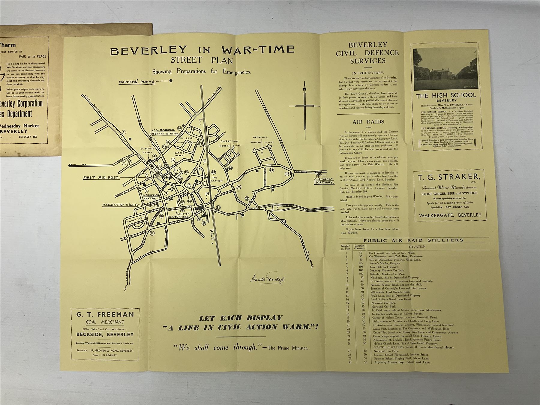 WWII Home Guard Service certificate to Albert John Pullinger with WWII Defence Medal; fretworked wooden Home Guard picture frame, image size 19 x 24cm; and WWII Civil Defence at Beverley (Yorks.) folding street plan (4)