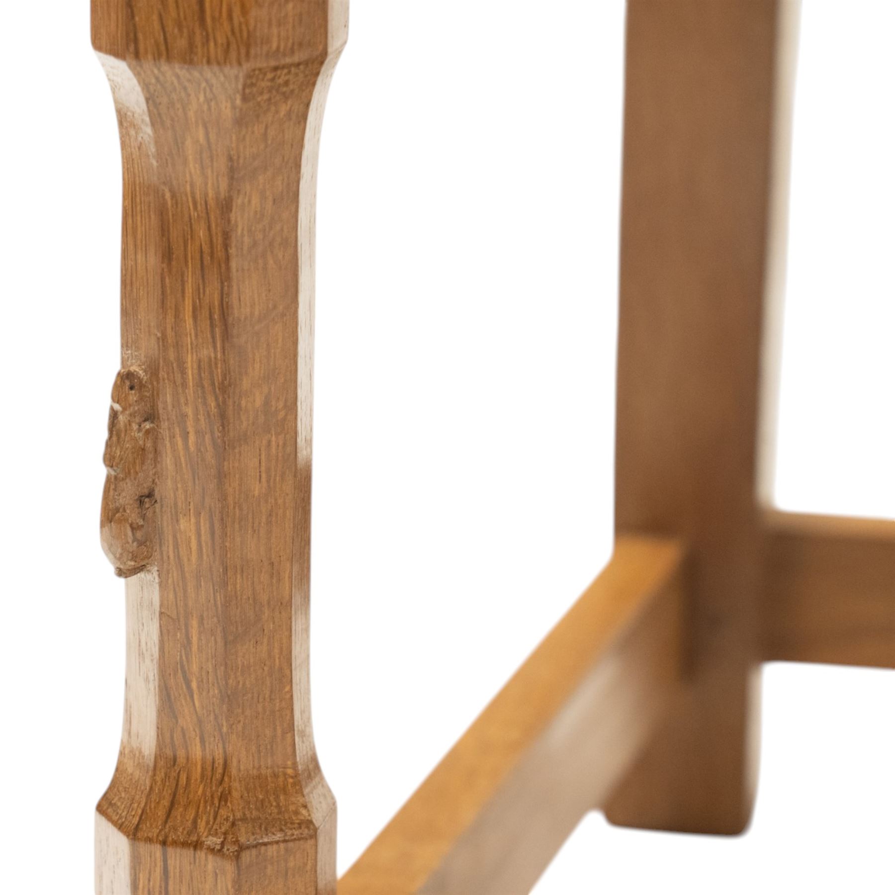 Rabbitman - pair of Yorkshire oak carver open armchairs, pierced and carved lattice back over tan leather seat with studwork, raised on octagonal supports united by H stretchers, carved with rabbit signature, by Peter Heap of Wetwang