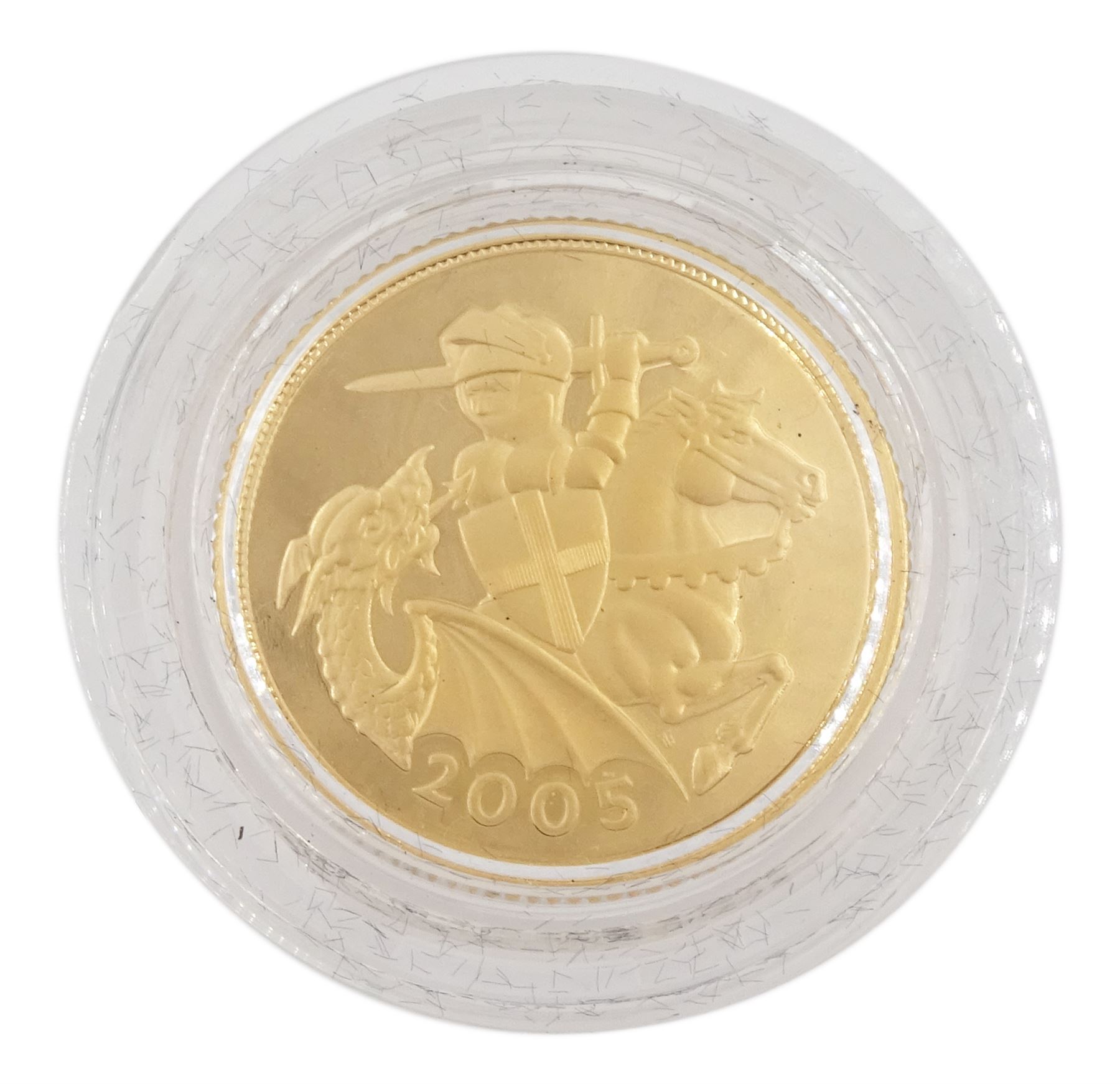 Queen Elizabeth II 2004 and 2005 gold proof full sovereign coins, forming the 'St George and The Dragon Gold Proof Sovereign Pair', housed in a Westminster case