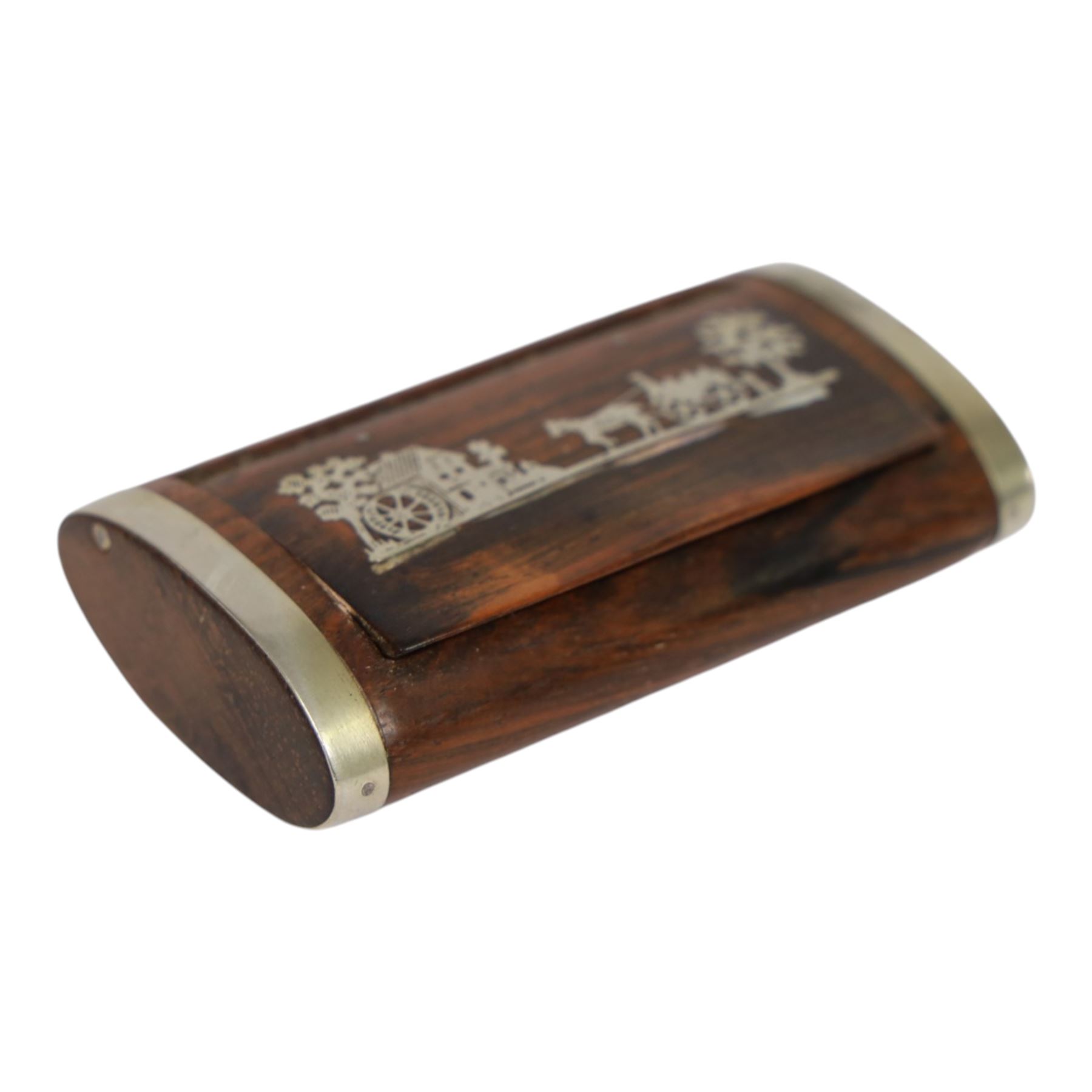 19th century pressed horn snuff box, of oblong form, the hinged tortoiseshell veneered cover with inlaid white metal stag hunting scene, L7cm, together with a 19th century rose wood example, probably french, with silver plated mounts, the inset hinged cover inlaid with a scene depicting a horse drawn cart before a mill, L7.5cm