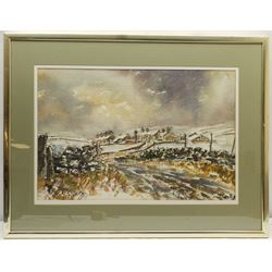 Terry Kirman (British 1939-1997): Yorkshire Dales Village in Winter, watercolour signed, artist's studio label verso 37cm x 56cm