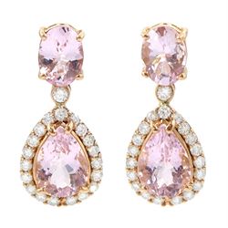 Pair of 18ct rose gold pear and oval cut morganite and round brilliant cut diamond pendant stud earrings, total morganite weight approx 5.80 carat