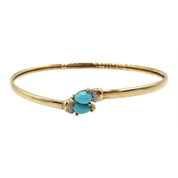9ct gold turquoise and diamond bangle, pair of 14ct turquoise clip on earrings and a 8ct gold turquoise ring, all stamped