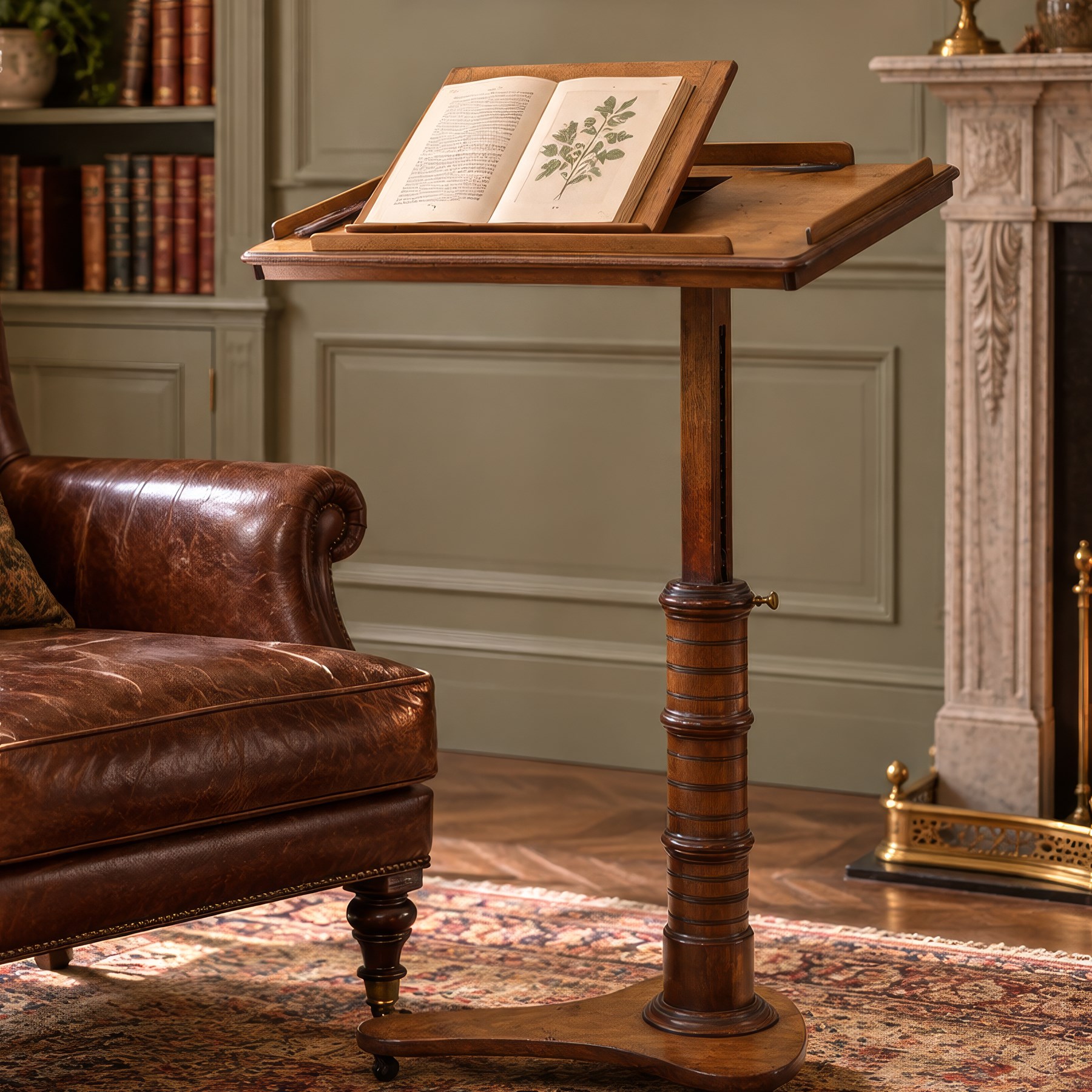 Late Victorian mahogany adjustable reading stand, the rectangular top with moulded and rounded edge and gallery upon a adjustable turned column support, and shaped base