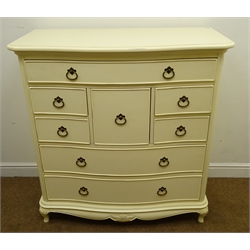  Wallis & Gambier Ivory serpentine chest, moulded top, eight drawers, shaped apron, shell carved cabriole feet, W109cm, H112cm, D54cm  