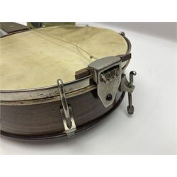 George Formby banjolele with metal plaque to headstock L55cm; in carrying case with instruction booklet.