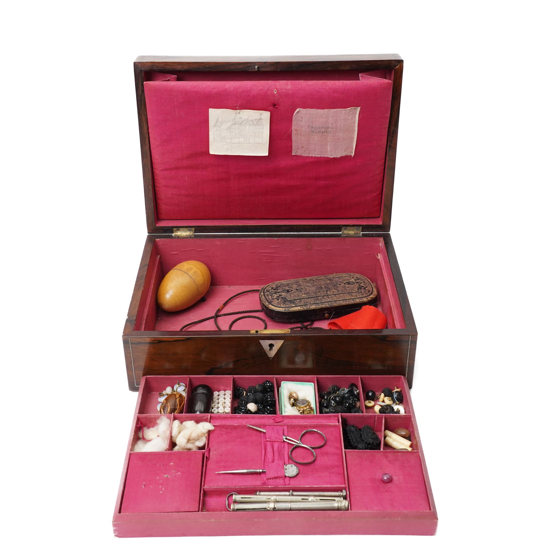 Victorian rosewood sewing box, of quality construction, containing a collection of mainly mourning items, comprising a pair of gilt metal micro mosaic cufflinks, beads, locks of hair, and other associated items including two French poems