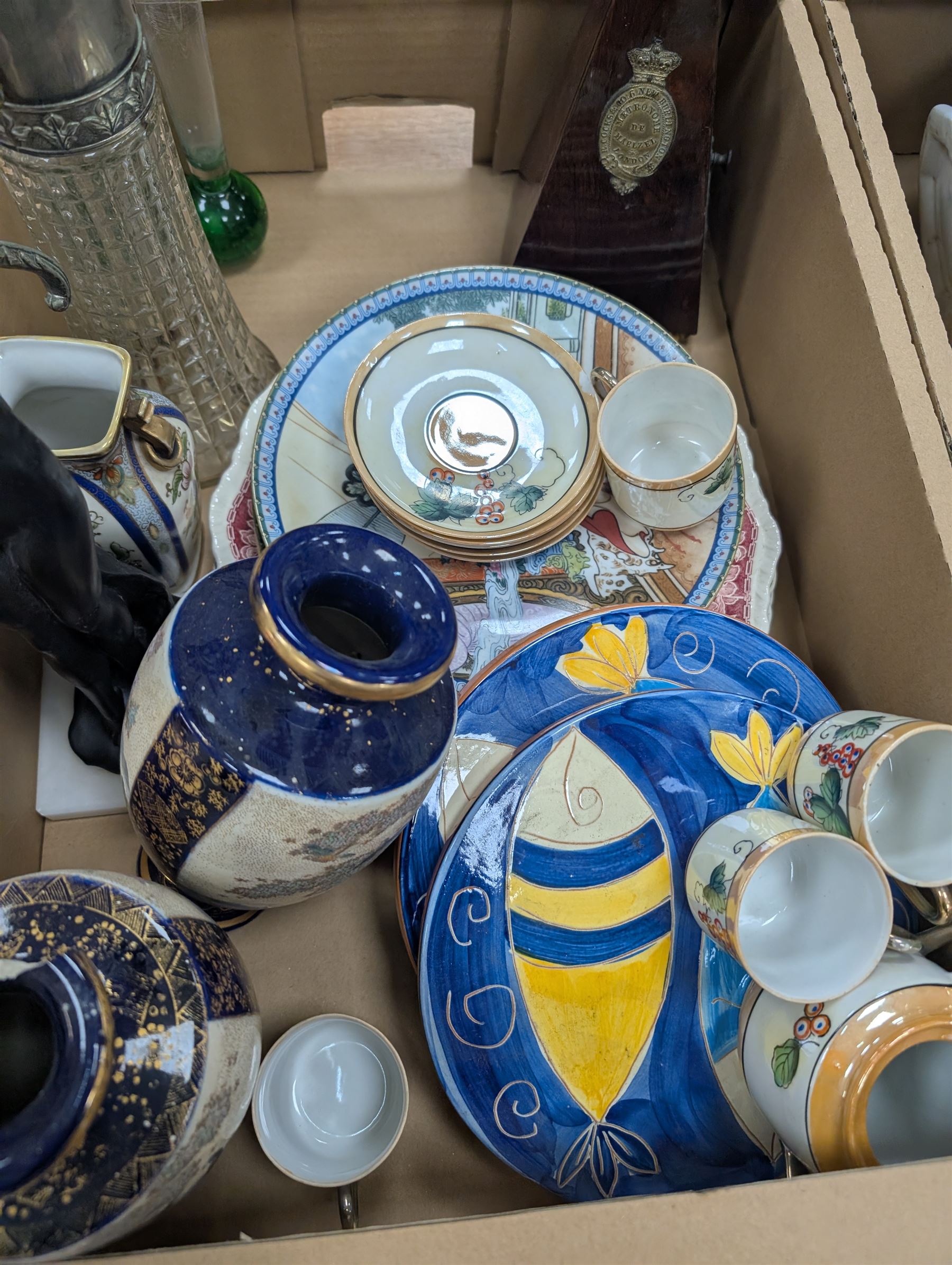 Three Chinese blue and white vases, R. Cocks metronome, glass claret jug and a collection of other ceramics and glass ware