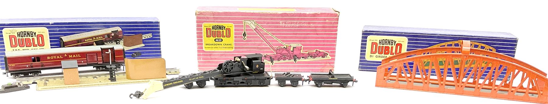 Hornby Dublo - Breakdown Crane No.4062 with Cowans Sheldon livery, boxed with screw jacks; D1 Girder Bridge, boxed; and T.P.O. Mail Van Set, boxed with instructions, mail bags, switch and tested tag (3)