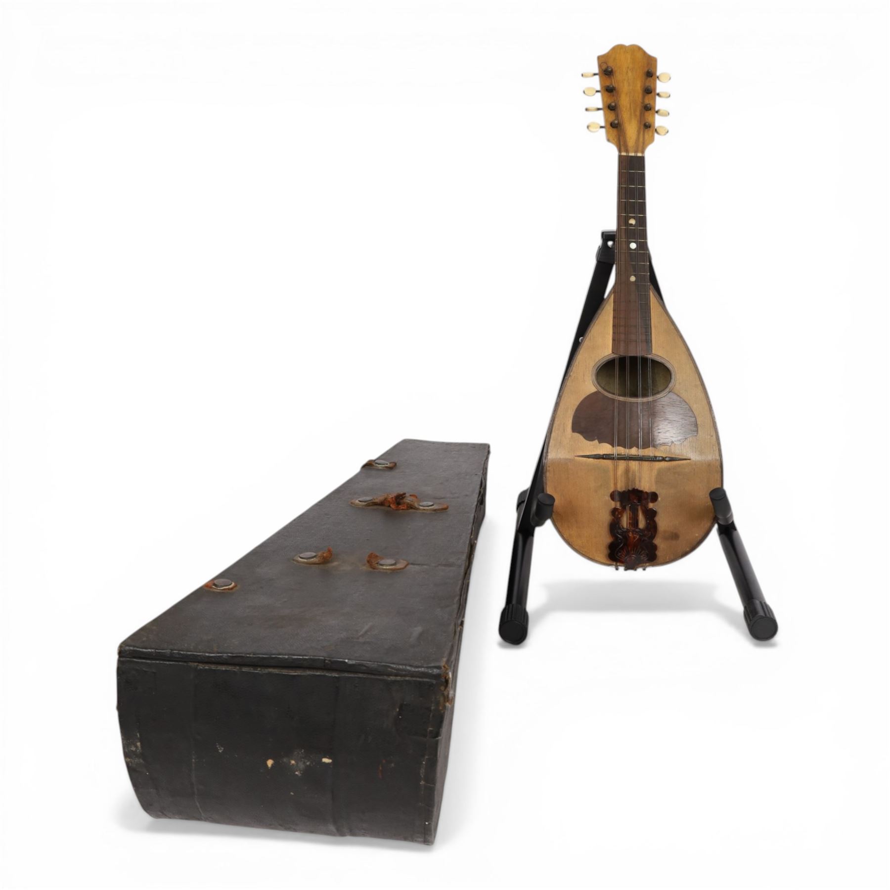 Early 20th century Italian bowl back mandolin, with bone tuners and faux tortoiseshell tailpiece, in hard carry case