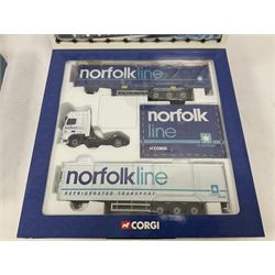 Corgi - two limited edition 1:50 scale heavy haulage vehicle sets comprising CC99129 Norfolk Line with DAF XF Super Space Cab, Curtainside Trailer, Fridge Trailer and History Booklet; and CC99130 Pollock (Scotrans) Ltd. Musselburgh with three fleet tractor units, curtainside trailer and History Booklet; both boxed (2)