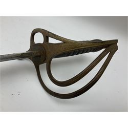 Victorian artillery officer's sword, the 90cm fullered steel blade by E. Thurkle Denmark Street Soho London decorated with Victoria cypher, Regimental crest and 'Royal Artillery', three-bar hilt with stepped pommel and wire-bound fish skin grip; in leather covered scabbard L107cm overall
