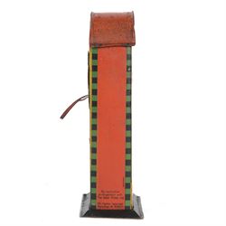 1930s Saalheimer & Strauss Mickey Mouse 'Smile Please' mechanical tin plate money box, depicting Mickey Mouse posing with folded hands to the front and verso as a photographer, above the motto 'If you only pull my ear you will see my tongue appear. Place a coin upon my tongue save your money while you're young', marked to one side 'By exclusive arrangement with Ideal Films Ltd. All rights reserved. Registered No 508041', with key, H17cm

