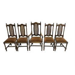 Set five early 20th oak barley twist dining chairs, spiral turned supports with oval cane-work backs, drop-in upholstered seats, on spiral turned supports joined by plain stretchers 