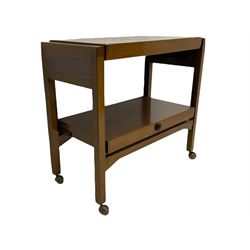 Upholstered footstool, drop leaf oak table, child's rocking seat, trolley, mid 20th century walnut bedside cabinet (5)