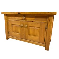Pine sideboard, rectangular top over drawer and double panelled cupboard