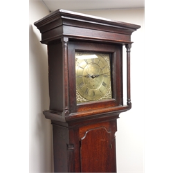  George III oak longcase clock, square brass dial signed 'Biglands Wigton' with faux date apature, case with quarter column angels, 30 hour movement striking hours on a bell, H207cm  