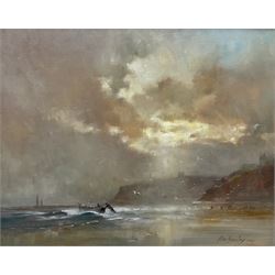 Alan Fearnley (British 1942-): Fisherman at Upgang looking towards Whitby, oil on canvas signed and dated '77, 40cm x 50cm