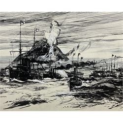 Charles Edward Dixon (British 1872-1934): 'A Sketch during the Passage ot the Victoria and Albert', pen and ink on card signed 28cm x 39cm; a similar night scene highlighted in white 33cm x 39cm (unframed) (2)
 Notes: both original sketches for The Graphic/The Sketch