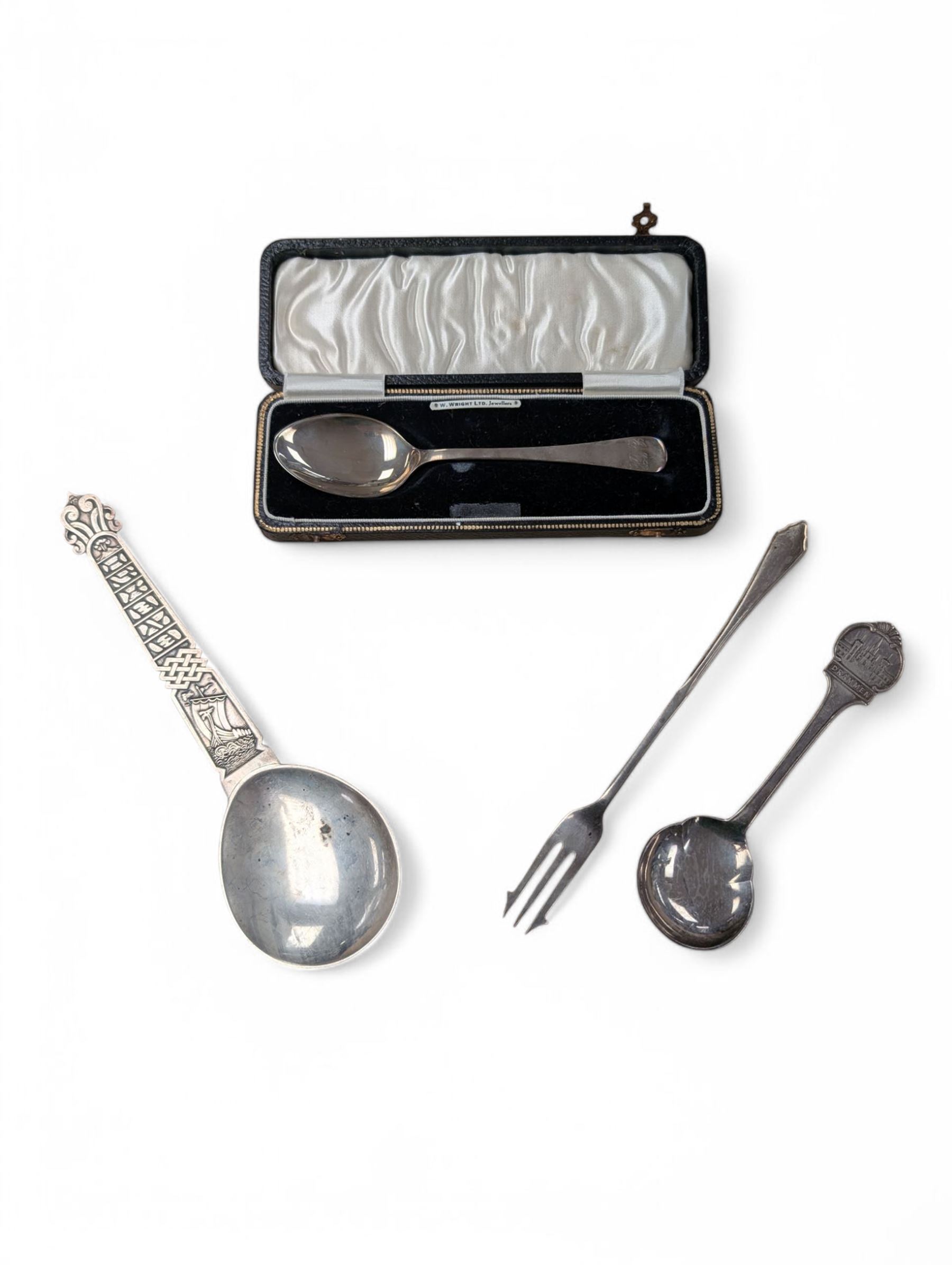 Scandinavian silver spoon, with long ship decoration to handle, stamped PGBB 925, together with a 830 standard Norwegian souvenir spoon, Christening spoon in case and a toasting fork, both hallmarked 