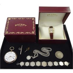 Swiss silver key would cylinder pocket watch, the movement engraved G&Sch, stamped 800 with grouse hallmark, the back case with trotting horse decoration, Rotary gold ladies rectangular wristwatch, stamped 9K gold, , silver watch chain with clips, silver coin and coin bracelet   watch and silver chains